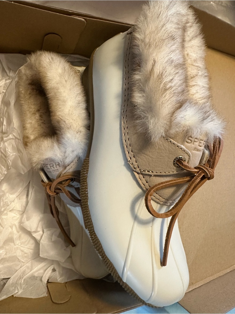 Sperry Cream & Taupe Faux-Fur Duck Boots